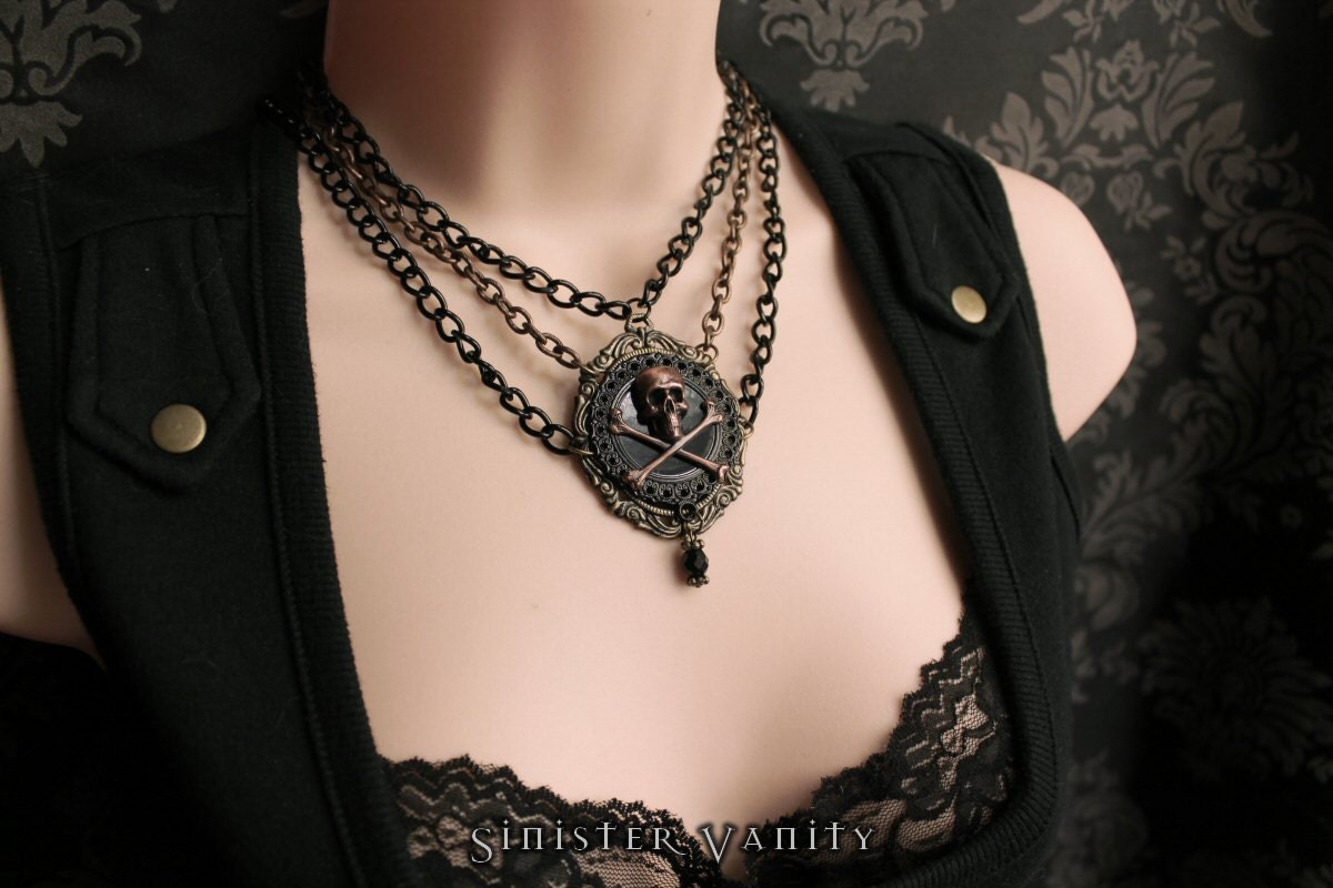 Gothic Skull Crossbones Necklace Steampunk Victorian Necklace Antiqued Brass Onyx Necklace Jewelry