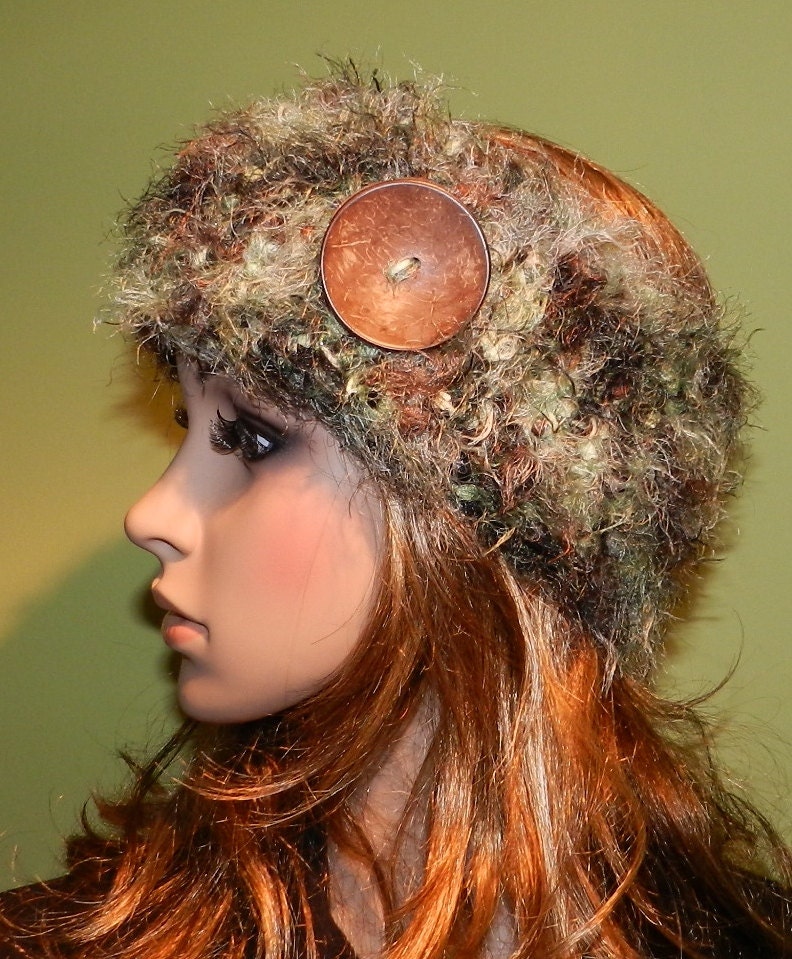 Hand Knitted  Chunky Hairy Headwarmer, Chunky Headband, Headwrap with  big Button on the side in Eco Earth Rainbow