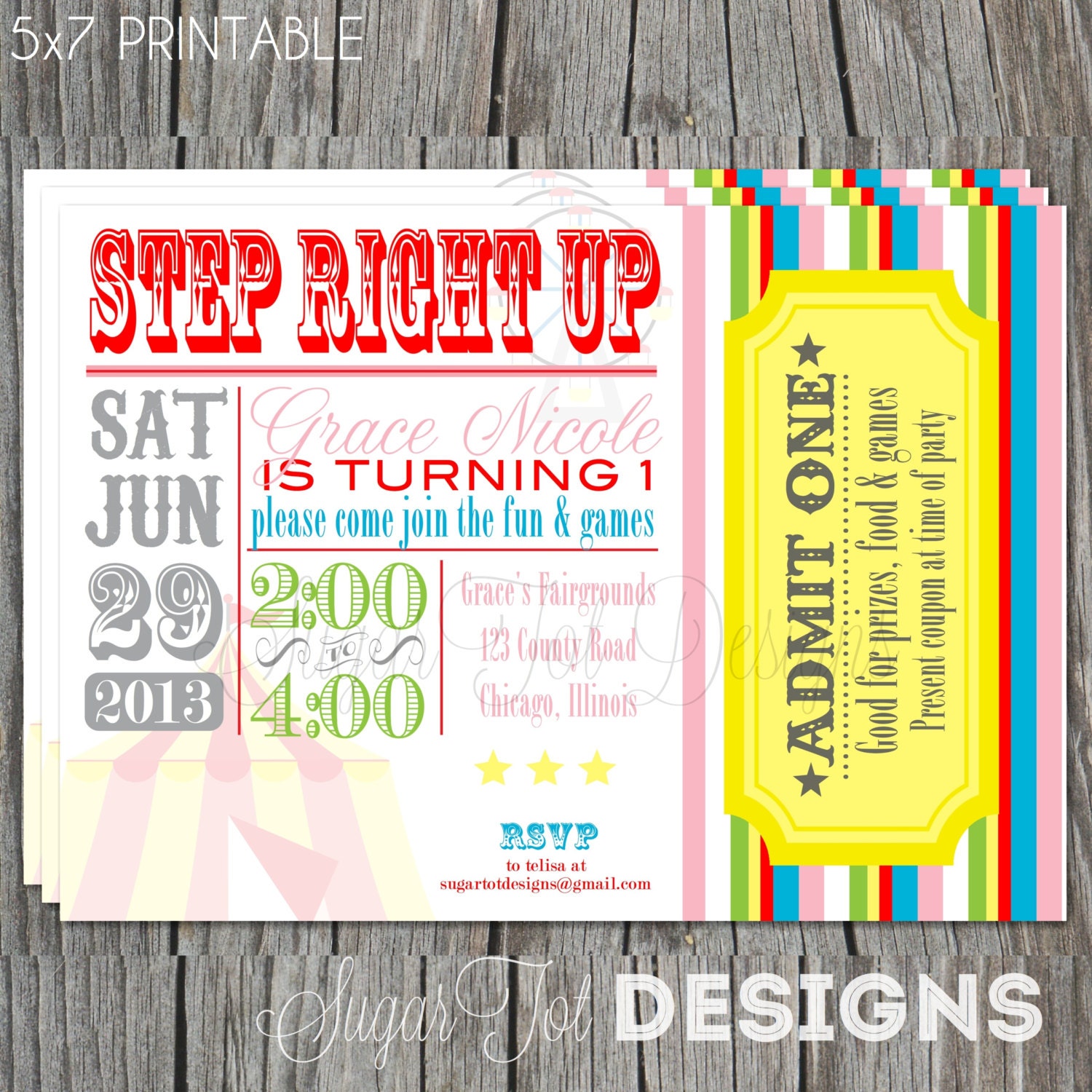 PRINTABLE Retro - Vintage Carnival Birthday Party Invitation, Mulit-Colored Circus Invite - more colors available -5x7