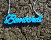 Bombshell Necklace - Pin Up Rockabilly Script Necklace - Blue Acrylic Plastic Pendant on Silver Plated Chain