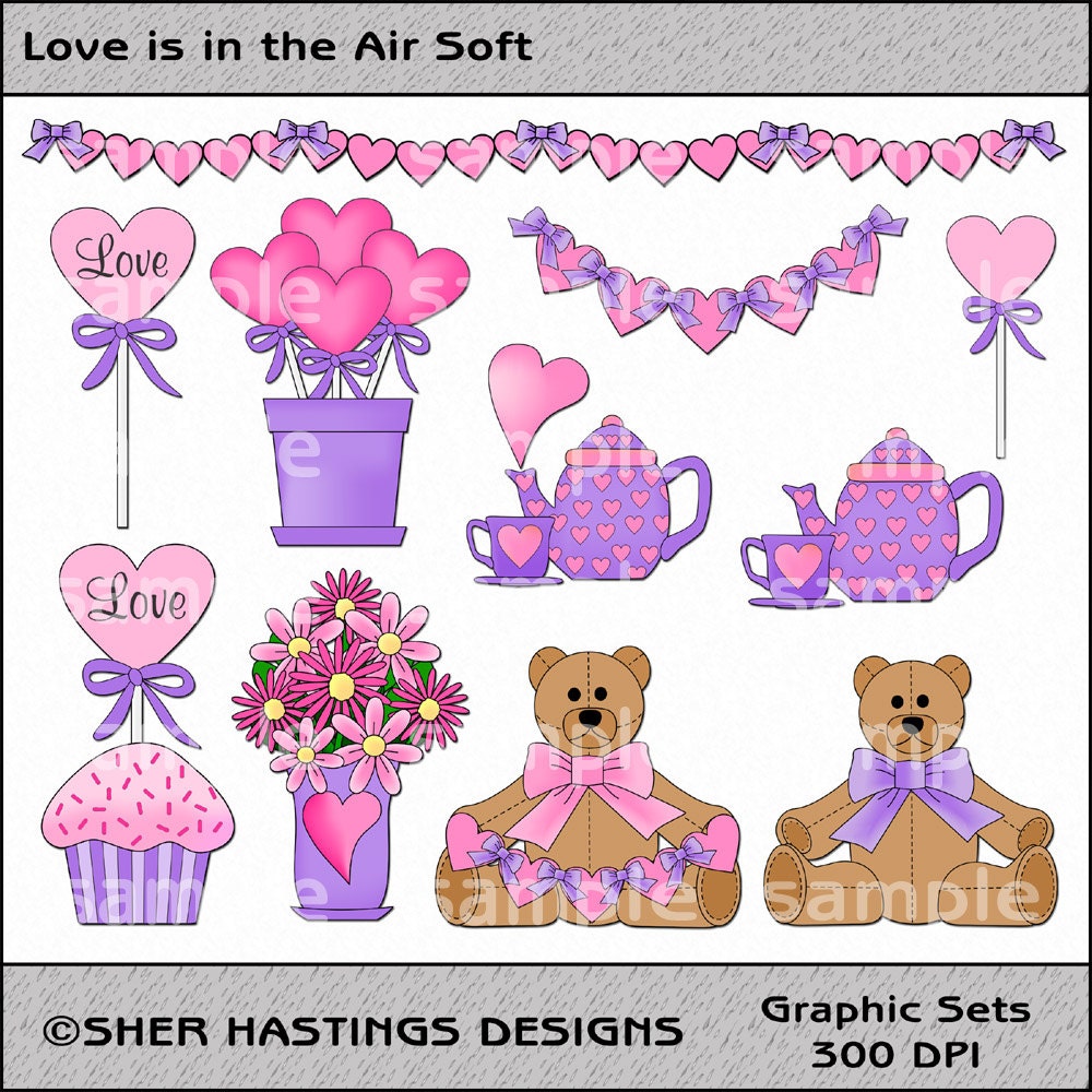 Love Is In The Air Soft Valentine Clipart and Graphic Set, Valentine's Day Clipart, Wedding Clipart, Love Clipart - Digital Scrapbooking Kit