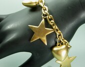 80s Statement Matte Goldtone Charm Bracelet Stars Hearts Toggle Close Runway Glam