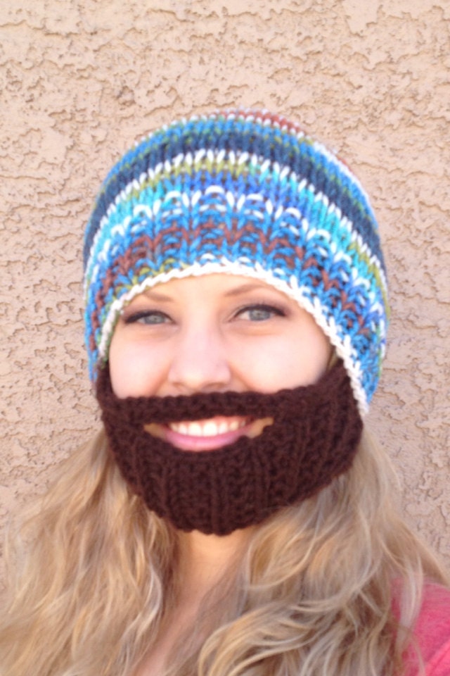 Sale READY TO SHIP Bearded Beanie Peruvian Print Knit Hat Dark Brown Beard Face Mask Multicolor