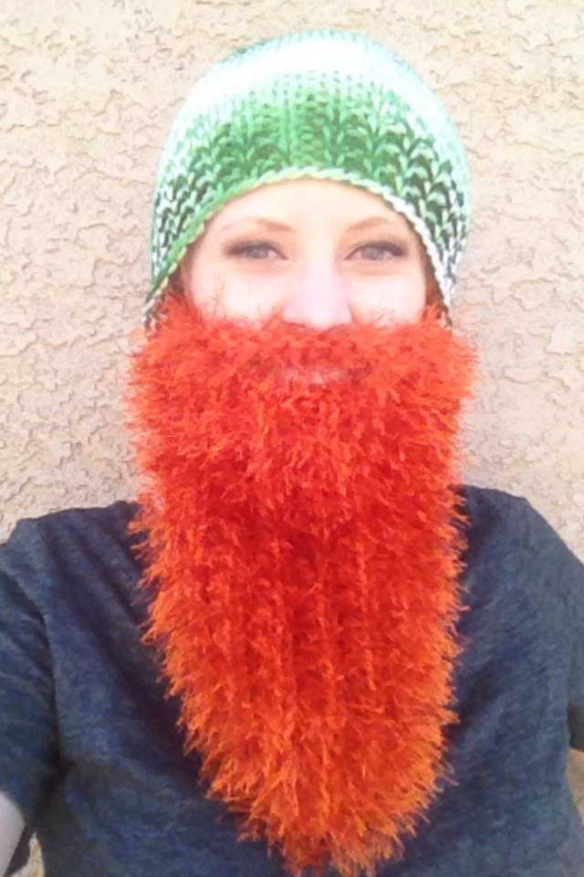 SALE Bearded Beanie - St Patricks Day Green White Hat W Extra Long Orange Beard Zztop Yosemite Sam