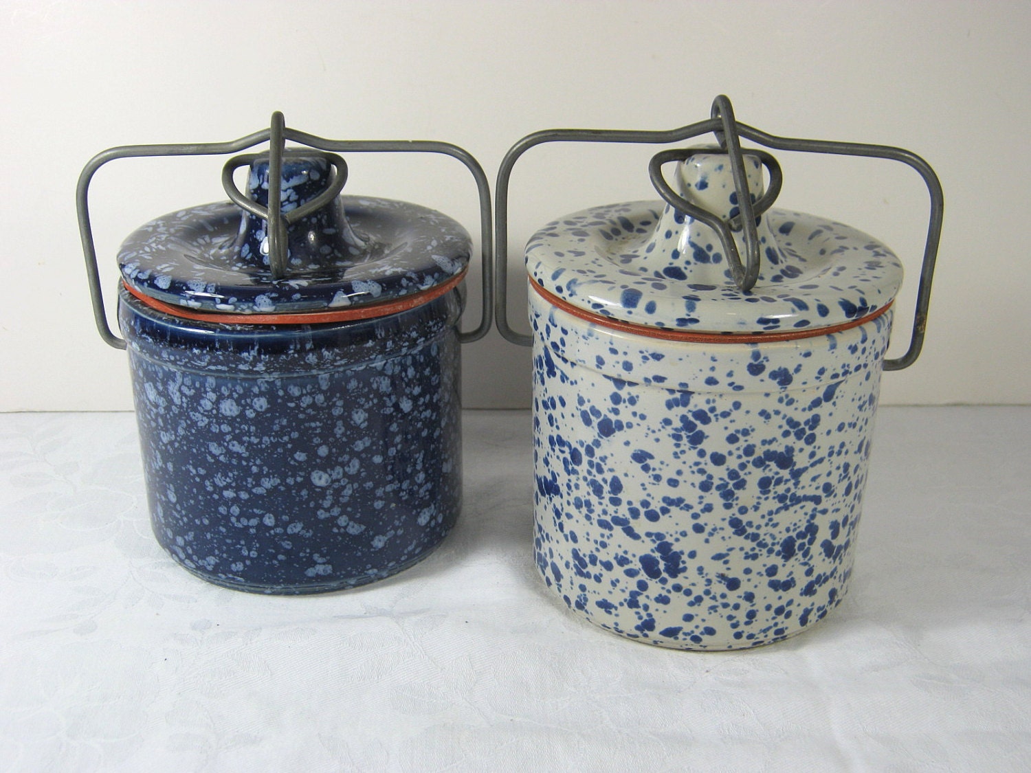 Vintage Cheese Crocks BLUE SPLATTER Crock Set/2 Instant Collection: 2
