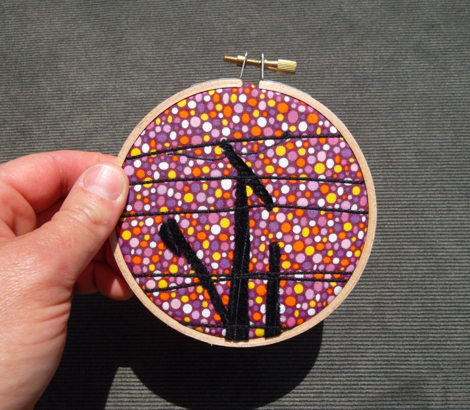Mini Hoop, "Telephone Pole with Fuchsia Molecular Sky," OOAK, recycled fabric art, mounted in 4 inch hoop, ready to hang
