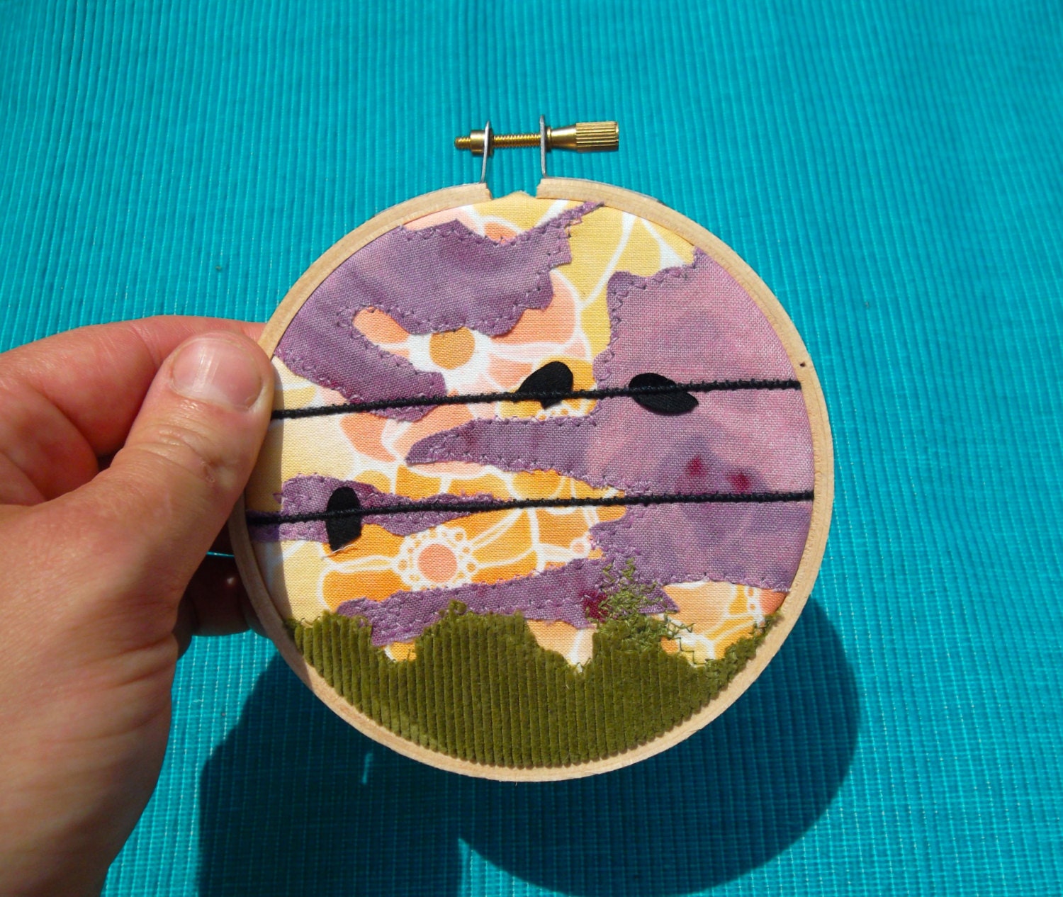 Mini Hoop, "Birds on the Wire with Floral Sun Sky", OOAK, textile art, fabric art, home decor, fiber art, upcycled, recycled art