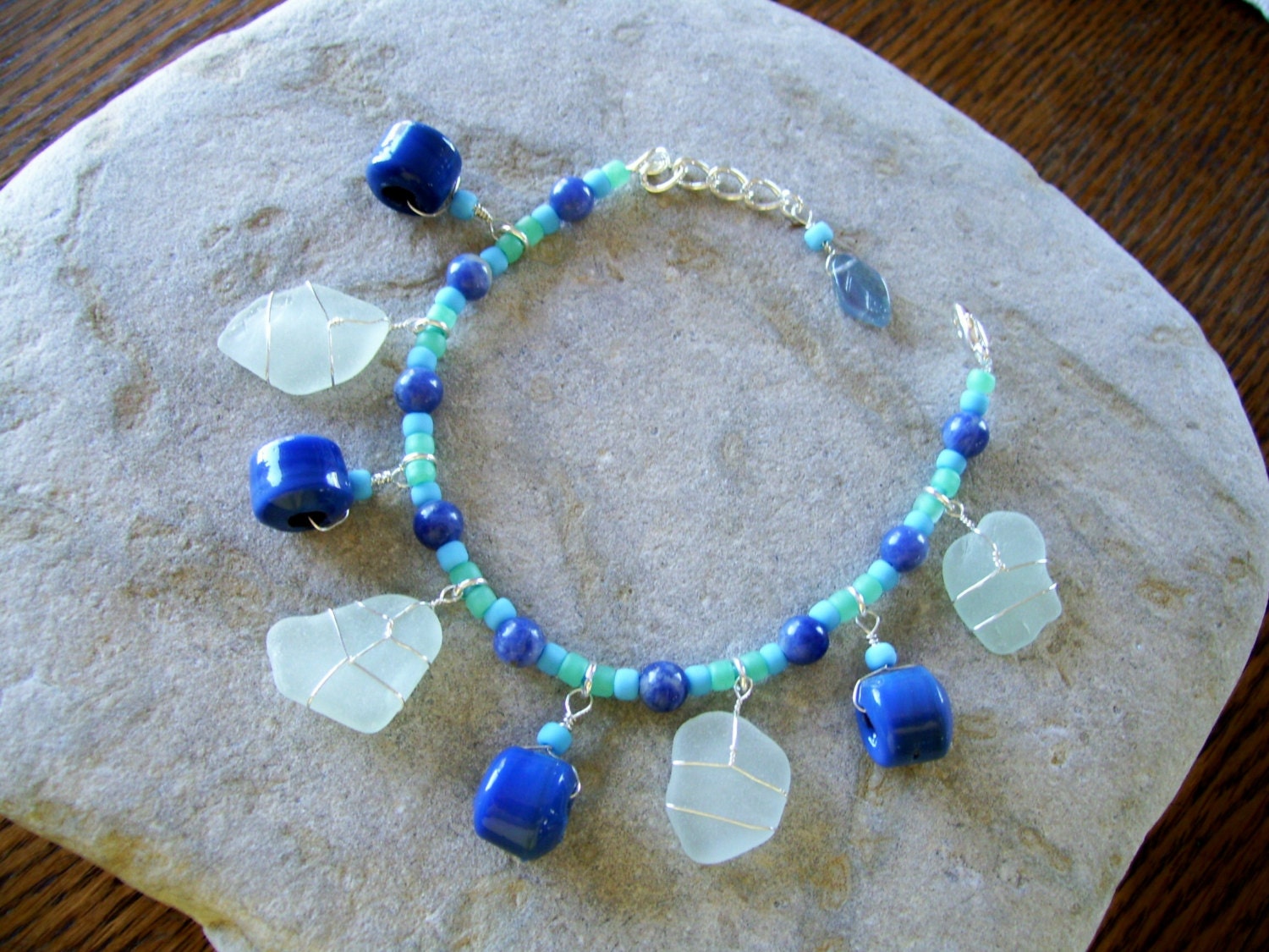 Blue Yonder Charm Bracelet with Lake Michigan beach glass