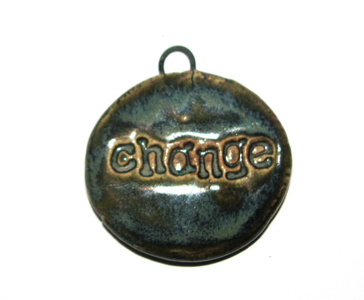 Handmade Ceramic Stoneware Textured Word Pendant Change Blue Brown