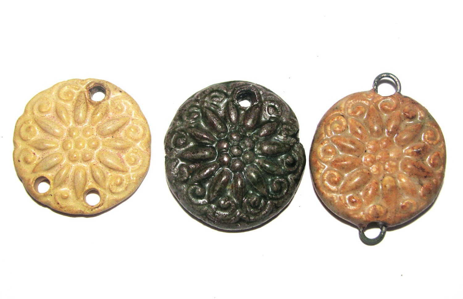 Handmade Ceramic Stoneware Pendants Charms x 3 Flower Green Ochre Cream