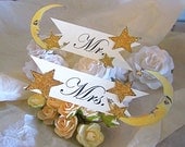 Wedding Seat Signs - Mr. And Mrs. - Vintage Inspired Moon And Stars - Hand Cut and Glittered in Gold