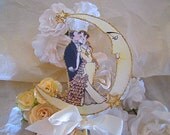 Vintage Moon Wedding Cake Topper - Crescent Moon And Stars - Small Size  - Outlined in Gold Glitter