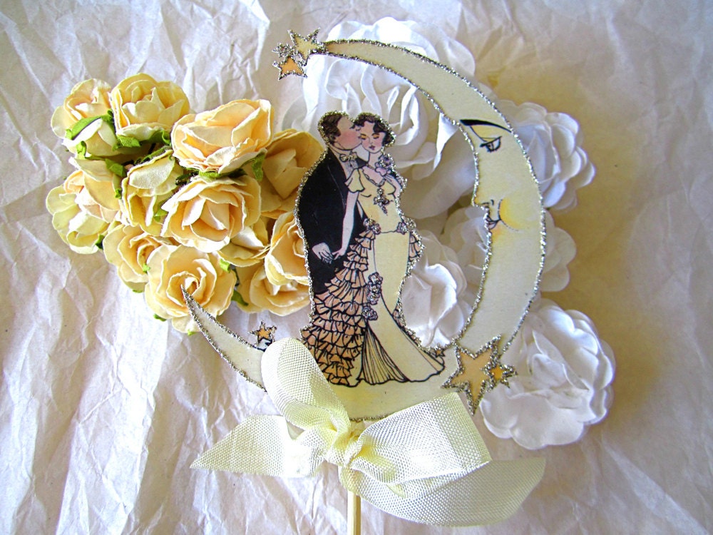Vintage Moon Wedding Cake Topper -Small Size- Art Deco, Art Nouveau- Outlined in Silver Glitter