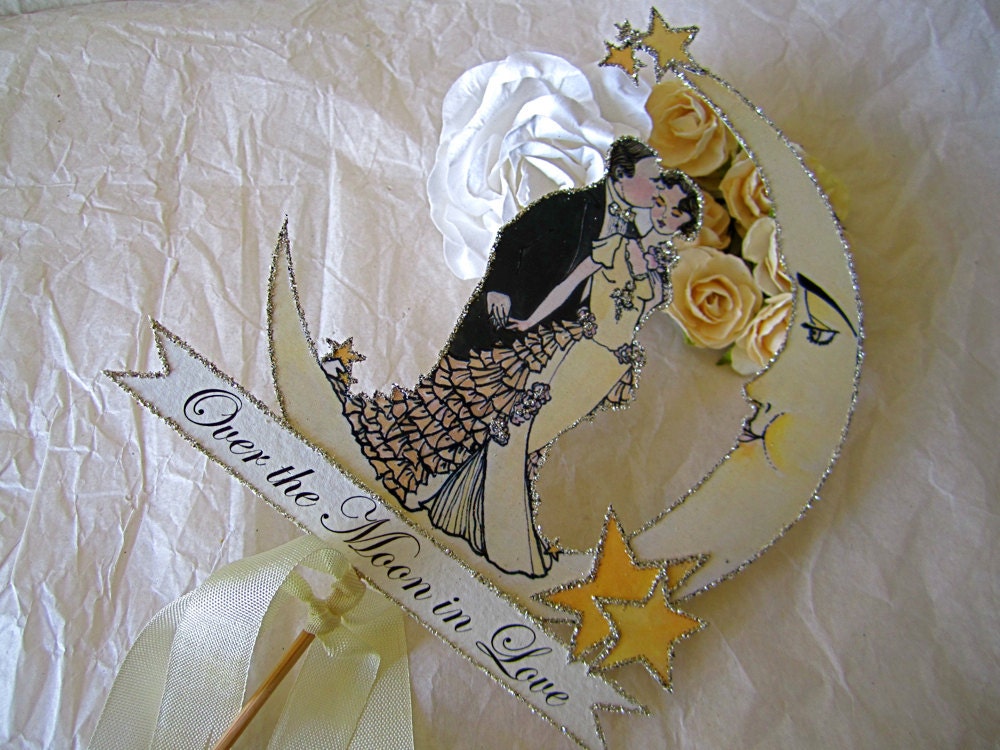 Crescent Moon Wedding Cake Topper - Customized Ribbon Cut Banner - Outlined in silver glitter
