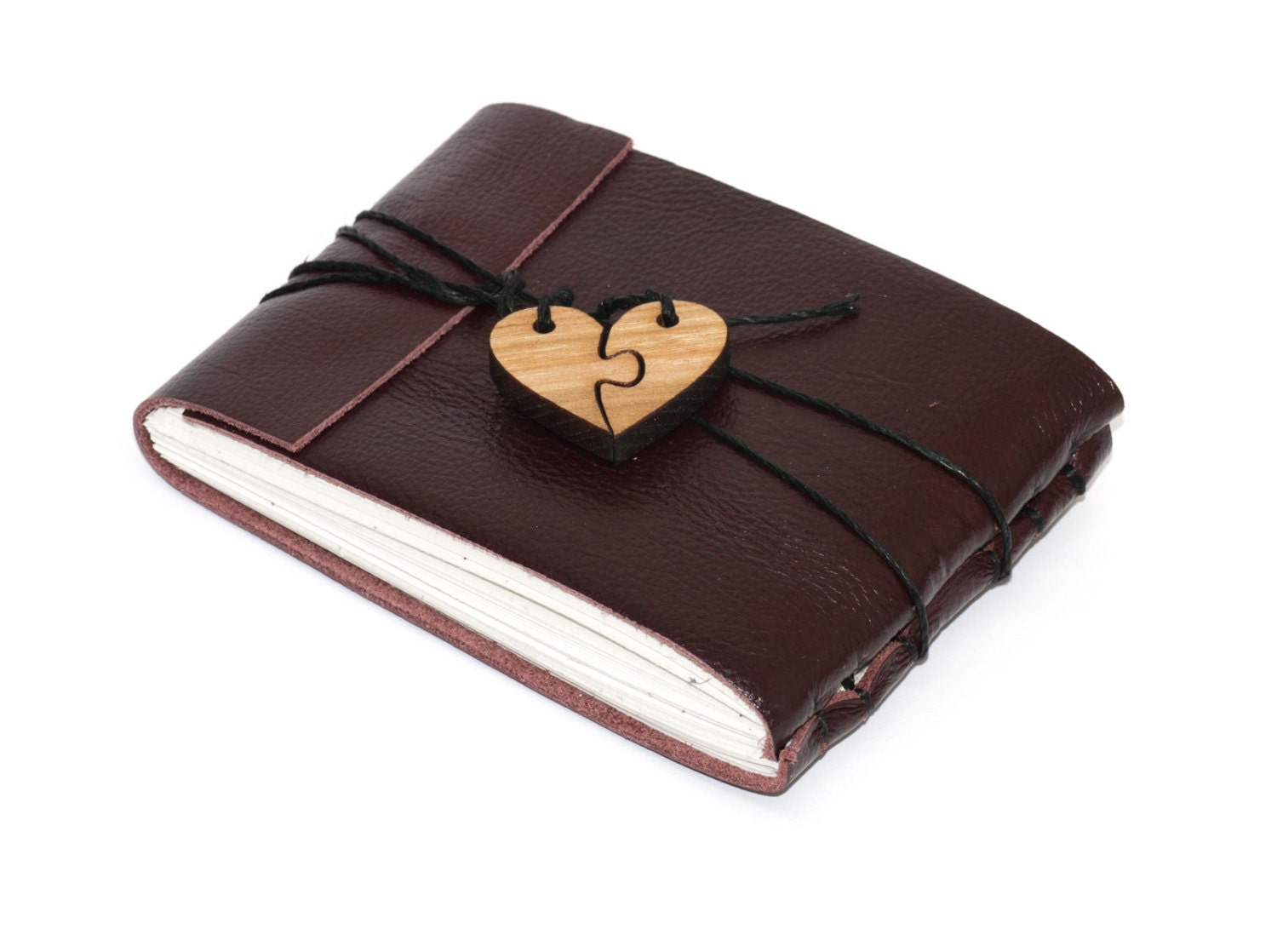 Leather Journal or Leather Sketchbook with Heart Closure, Dark Antique Burgundy, Pocket Sized, Handbound Coptic Stitch - 2 3/4" x 3 3/4"