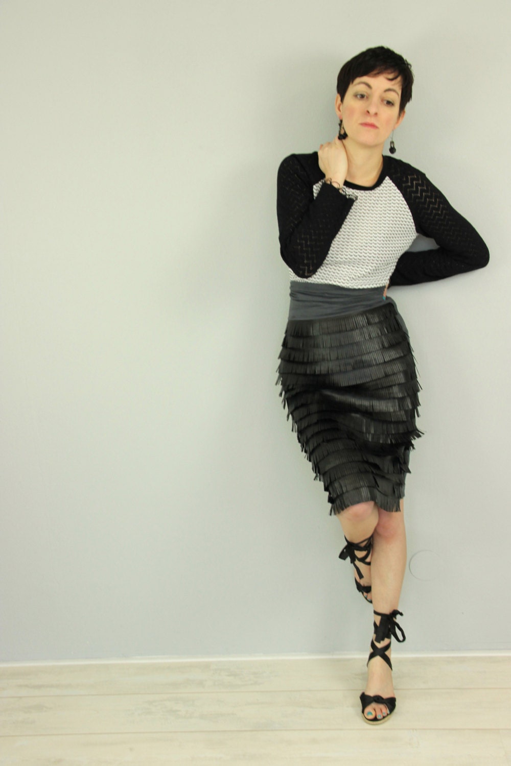 Faux leather skirt, black leather fringe skirt, gray and black high waist skirt, pencil skirt - Bartinki