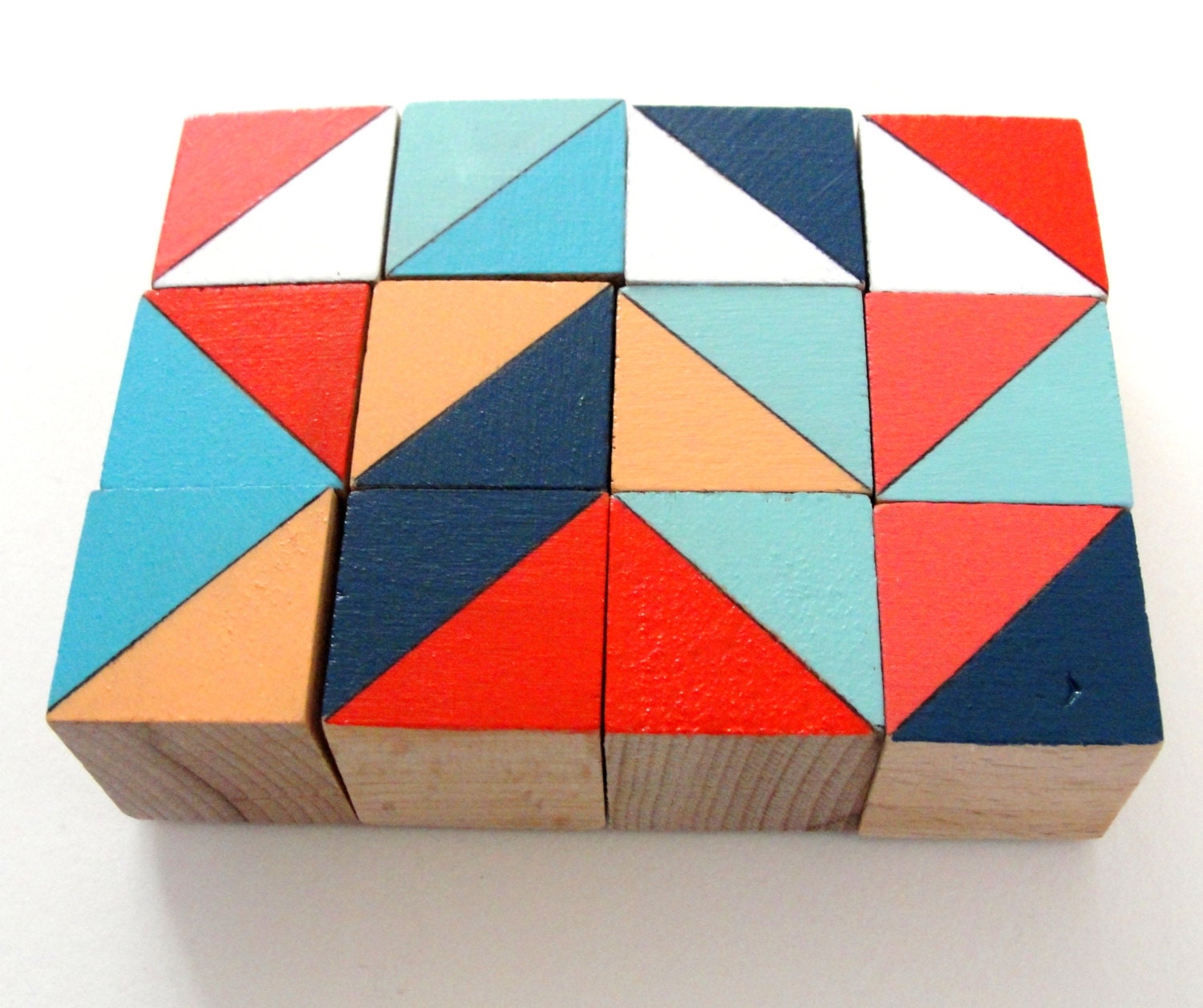 Art Block Magnets - 12 Hand Painted Geometric Wood Blocks 1x1x1" in London Set (Tangerine, Navy, & Aqua)