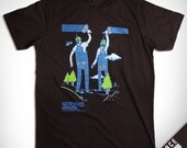 size L -- S012.Paint the Sky ( Dark Brown ) : Geekery Hand Screen Printed Graphic T-shirt --- Men Women Unisex Building Tree Painter Sky