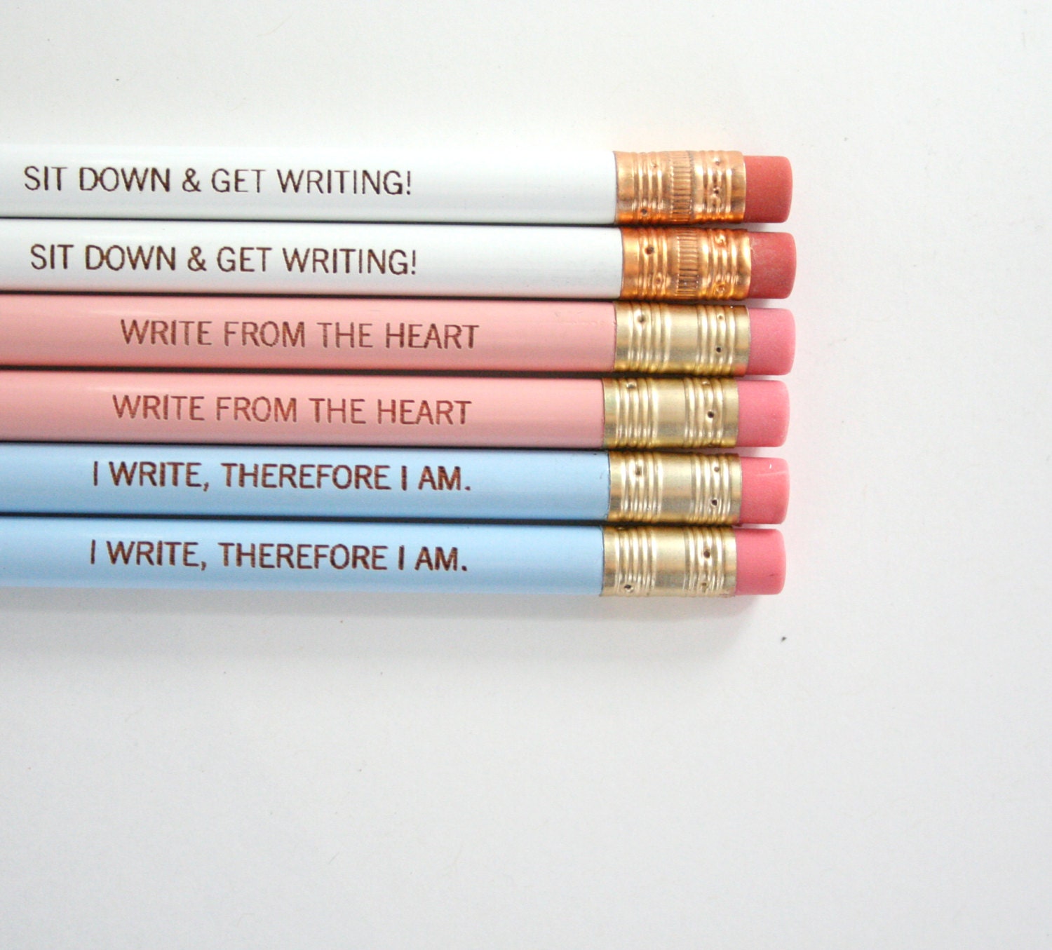 i write therefore i am, write from the heart and sit down and get writing. 6 pack of pencils. pastel writing set pink blue white
