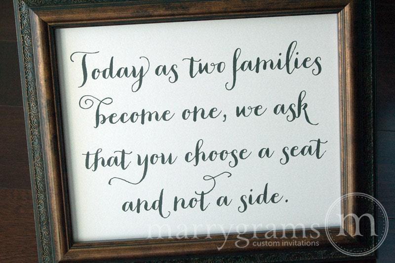As Two Families Become One, Choose a Seat Not a Side Sign - Wedding Reception Open Seating Signage - Matching Numbers Available SS02