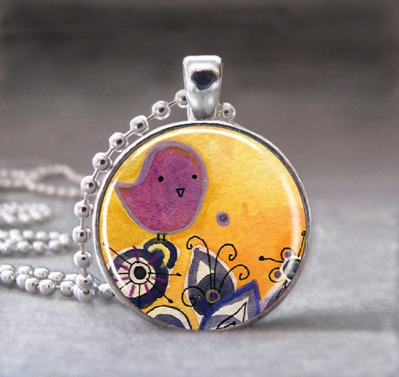 Little Bird, Photo Pendant, Altered Art Pendant, Glass Dome Pendant Necklace, no 051-6