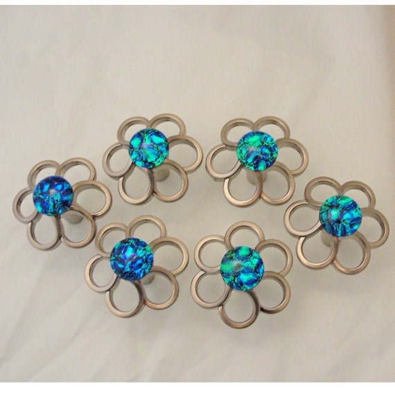 2 Fused Glass Cabinet Knobs Teal Green Blue Pulls Home Decor Hardware - Cupboard Fixtures - Dresser Knobs Kitchen Bathroom Closet Doors