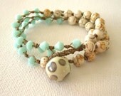 Beaded Wrap Bracelet, Pale Turquoise, Ivory, Natural Beads, Magnesite, Nature Inspired, Bohemian Bracelet, Handmade in France