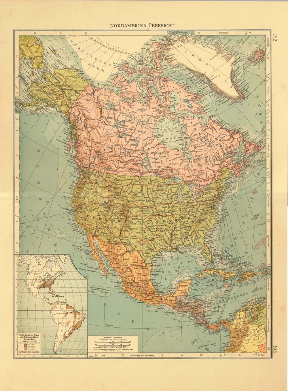 1922 Old Map of North America, Central America and the Caribbean, Lithograph, Political Division.