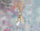 Gold Charm Necklace - Clear Crystal pendant - Leaf Pendant - Glass pendant