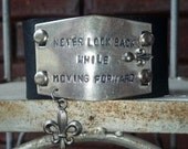 Hand Stamped  Leather Cuff Bracelet. Choose Quote, Charm, and Color-Pure Silver & Brass on WIDE Leather. Unisex Style For Man or Women