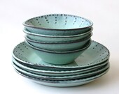 Stoneware Dinnerware Set - 8 Peices - Aqua Mist - Deep Salad Dinner Plate and Bowl - French Country