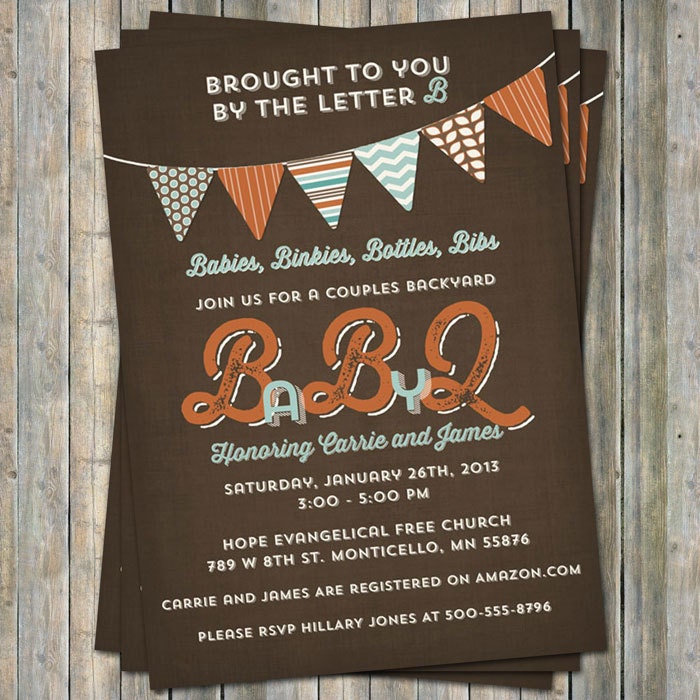 BABYQ baby shower invitation with banner, brown, aqua, orange digital, printable file