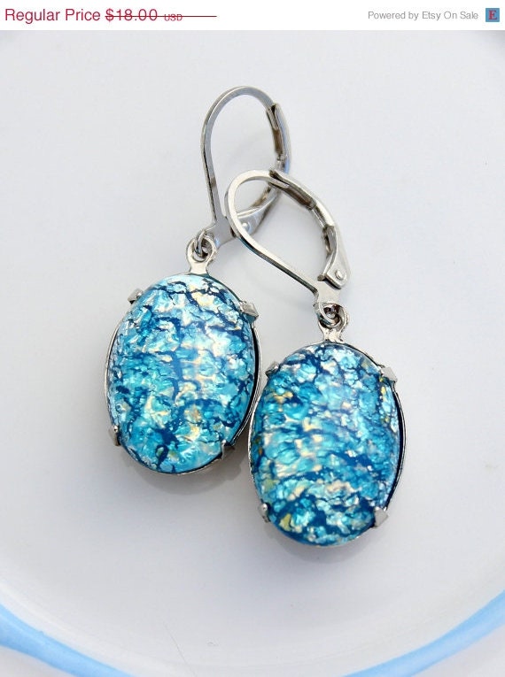 Summer Sale: Silver Blue opal estate style drop earrings