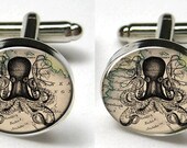 Silver Bezel CuffLinks Glass Round SteamPunk Victorian Octopus Map Nautical Sea Ocean Men Wedding