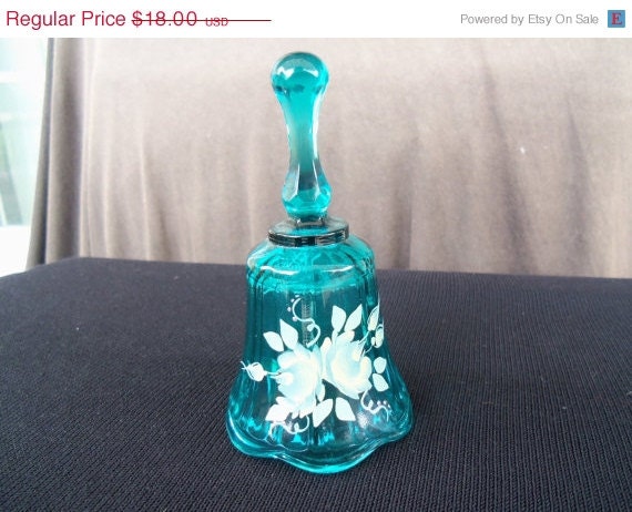 Collectible Glass Bell Vintage Aqua Hand Painted Flower Motif 1950's 1960's Collectible Home Decor