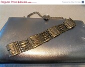 Vintage Aztec Style 1960's Bracelet Silvertone Metal Egyptian Type of Designs Collectible Piece Tiki Tribal Totems