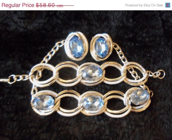 Vintage Blue Rhinestone Demi Parure 1950's 1960's Necklace, Bracelet, Earring Set Funky Retro Rockabilly Accessories