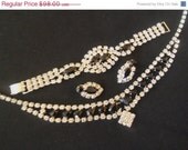 Vintage Jet Black Clear Rhinestone Necklace/Bracelet/Earring 1950's Collectible Jewelry Set Retro Rockabilly Wedding Bridal Accessory Parur