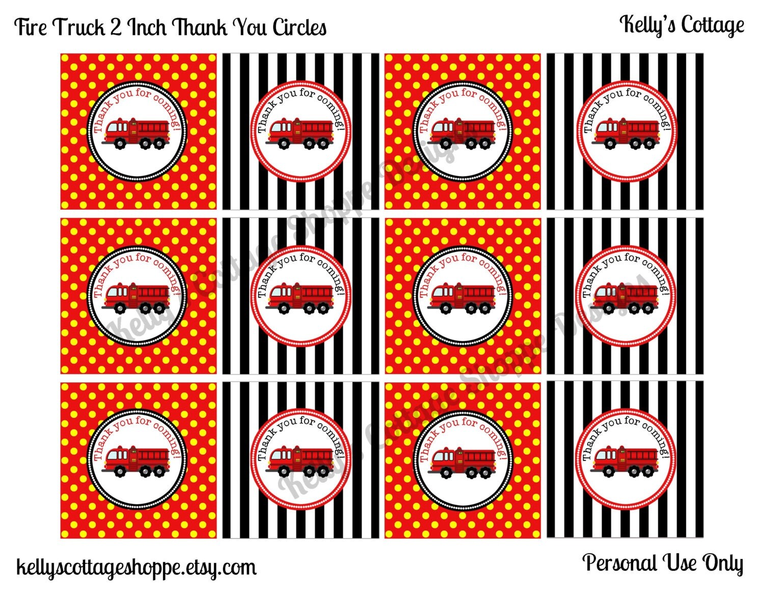 Instant Download, Printable Fire Truck Birthday Party 2 Inch Thank You Circles