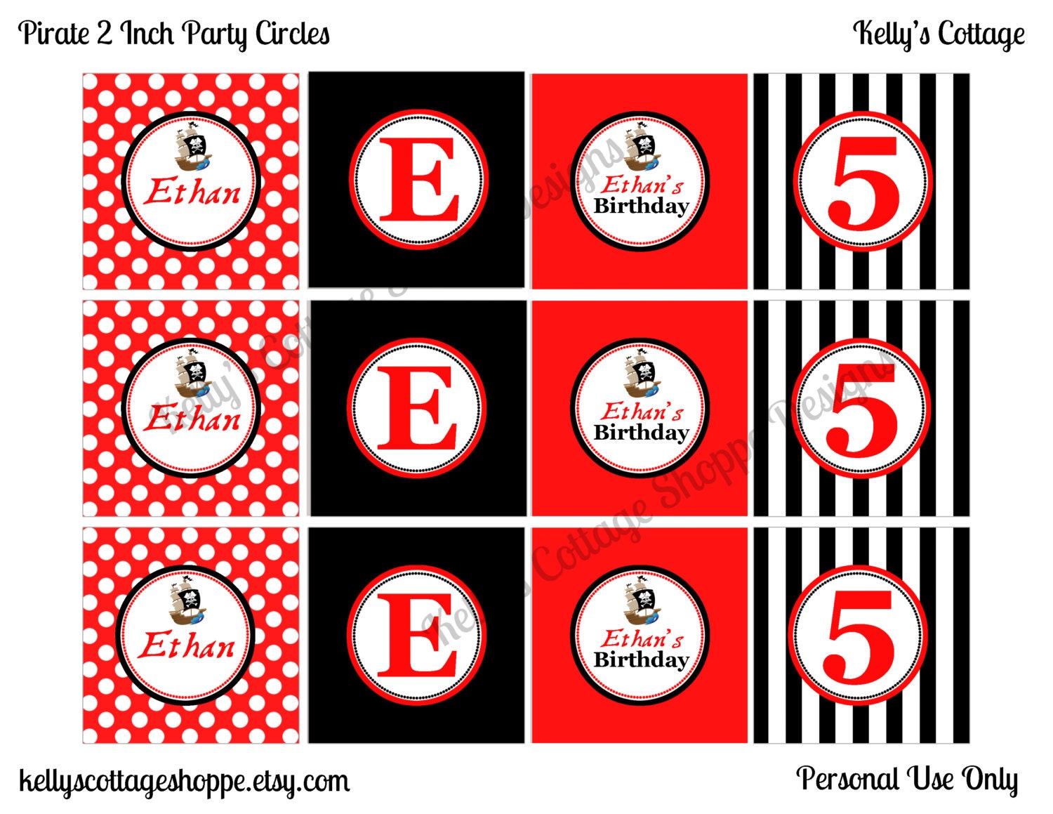 Pirate Birthday 2 Inch Party Circles... Custom, Printable.... Cupcake Toppers, Favor Tags, Decorative Circles