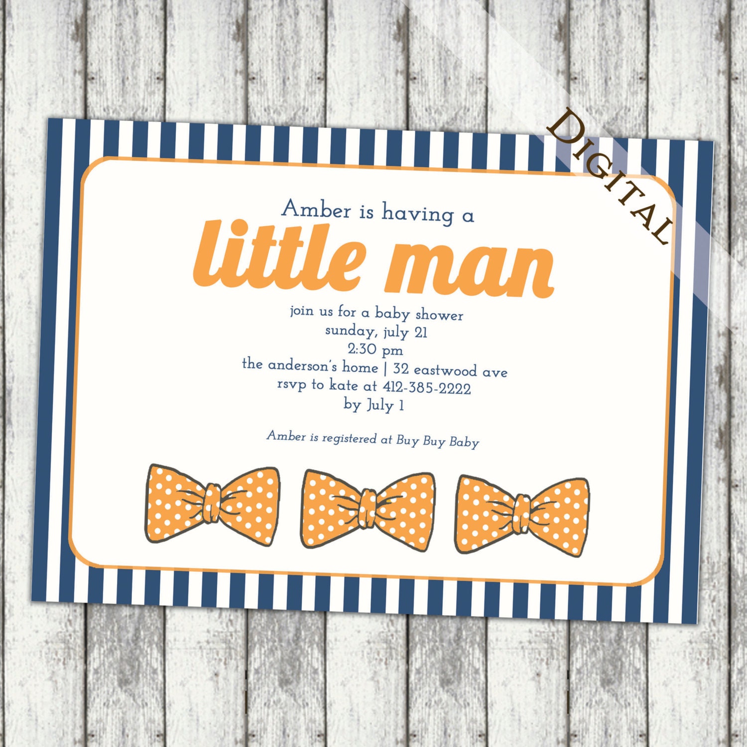 little man bow tie baby shower invitation, orange and navy blue, digital, printable file (item40a)