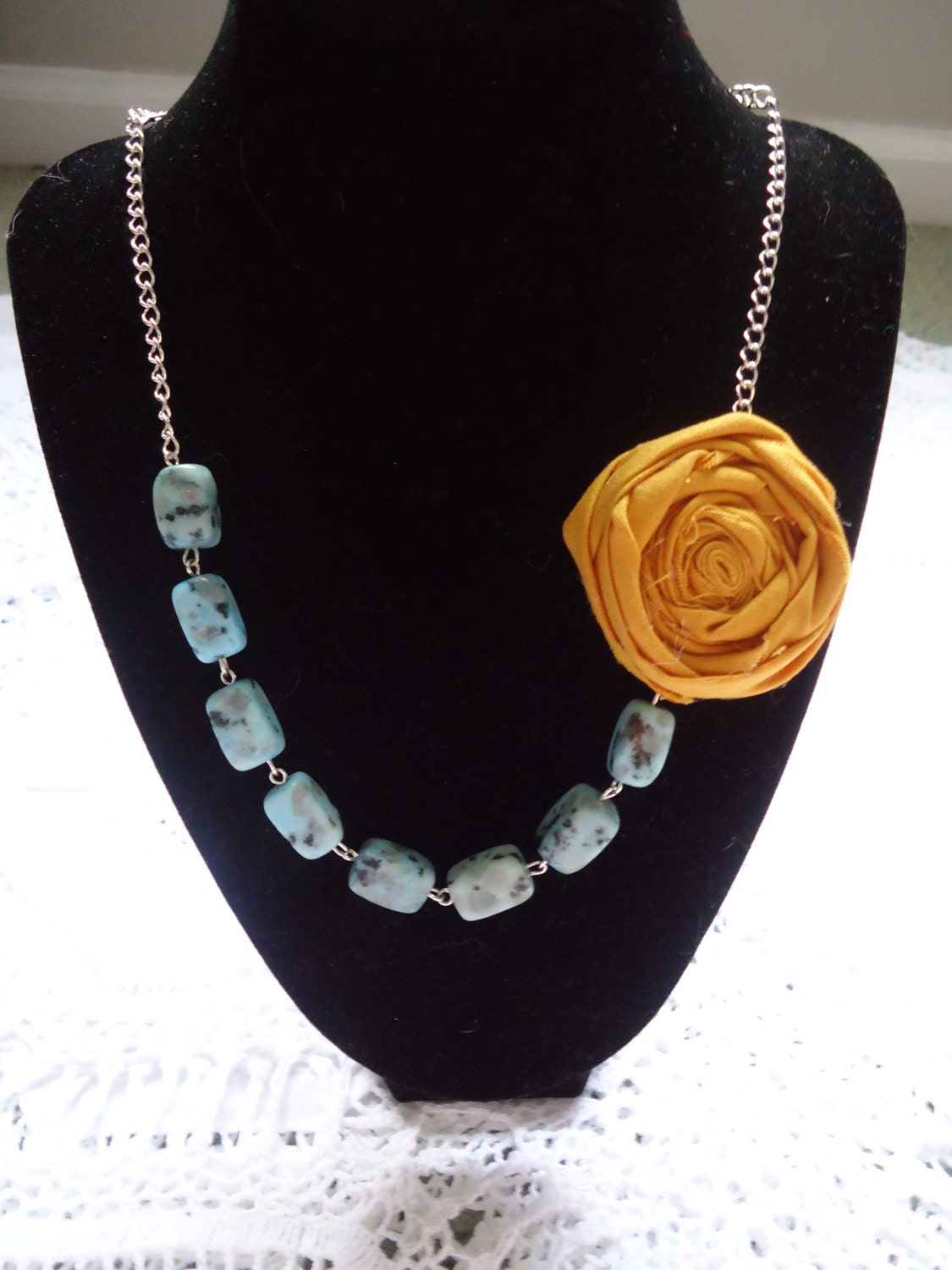 Rosette Necklace, Golden Mustard Color Necklace, Turquoise Necklace, Fabric Necklace, Birthday Gift