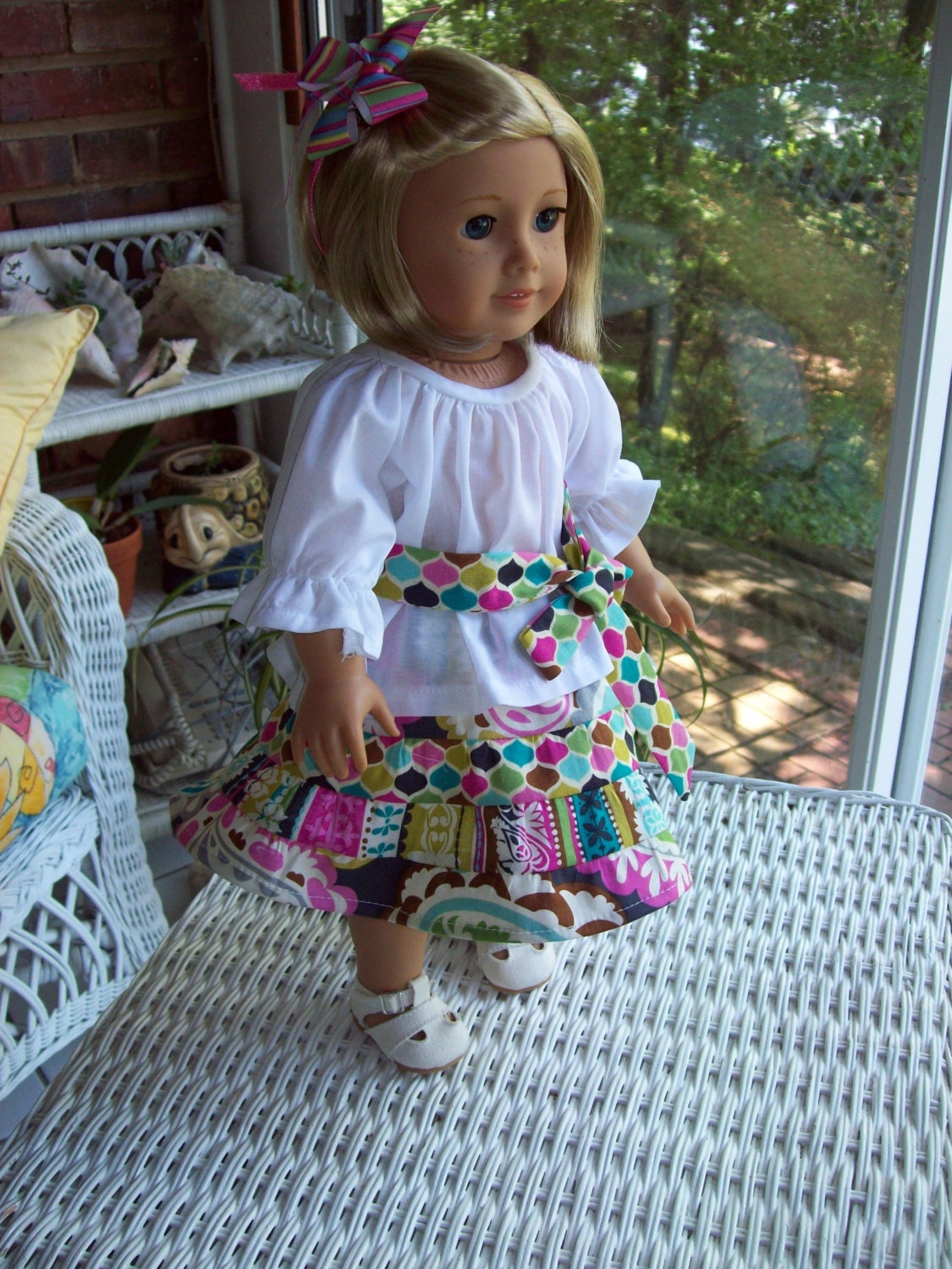 Peasant skirt, blouse, and hair clip fits 18 inch doll or American Girl doll