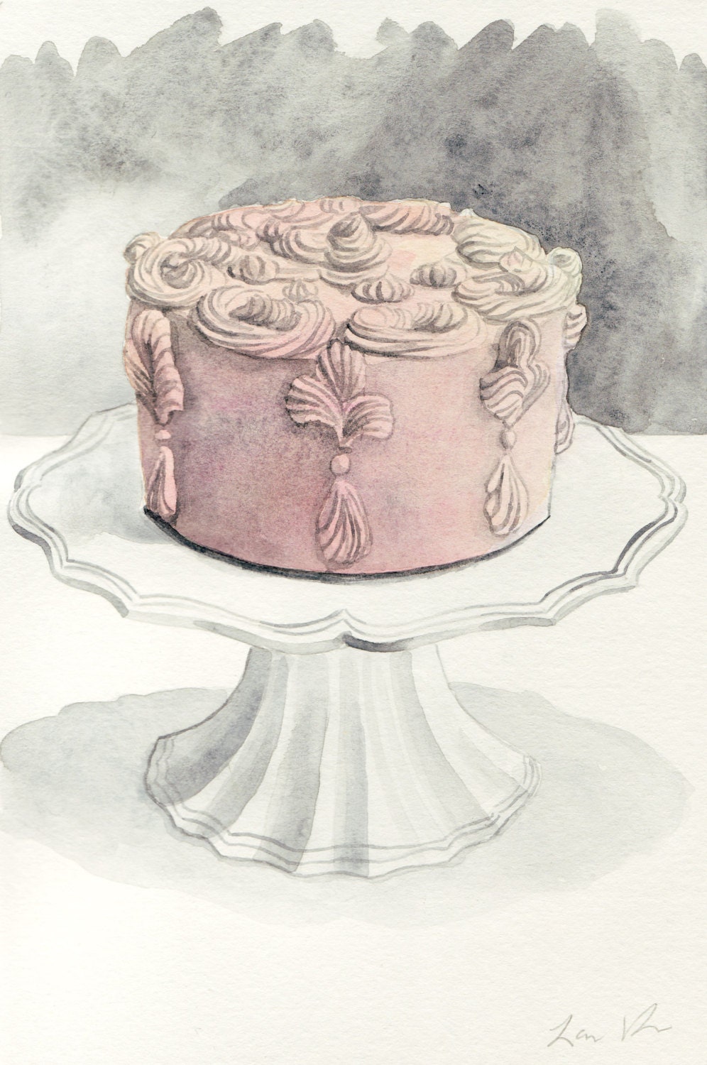 Blush Pink Decorated Cake on White Pedestal - ORIGINAL Watercolor 6 x 9 - Pale Pink Elegant Icing Milk Glass