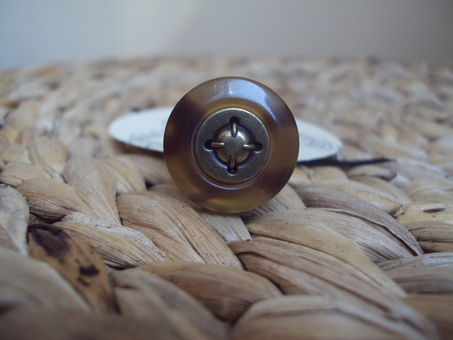 Layered Brown Button Ring with an Antique Bronze Filigree Adjustable Base