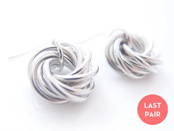 LAST PAIR Love Knot Earrings, Silver Love Knots, Silver Chainmaille Earrings, Chainmail Earrings, Handmade by JeannieRichard