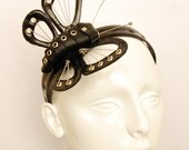 Shiny Black and Matt Black PVC and leather Butterfly headband with studs and guitar strings fascinator