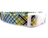 BLUE YELLOW Plaid Dog Collar HANDMADE
