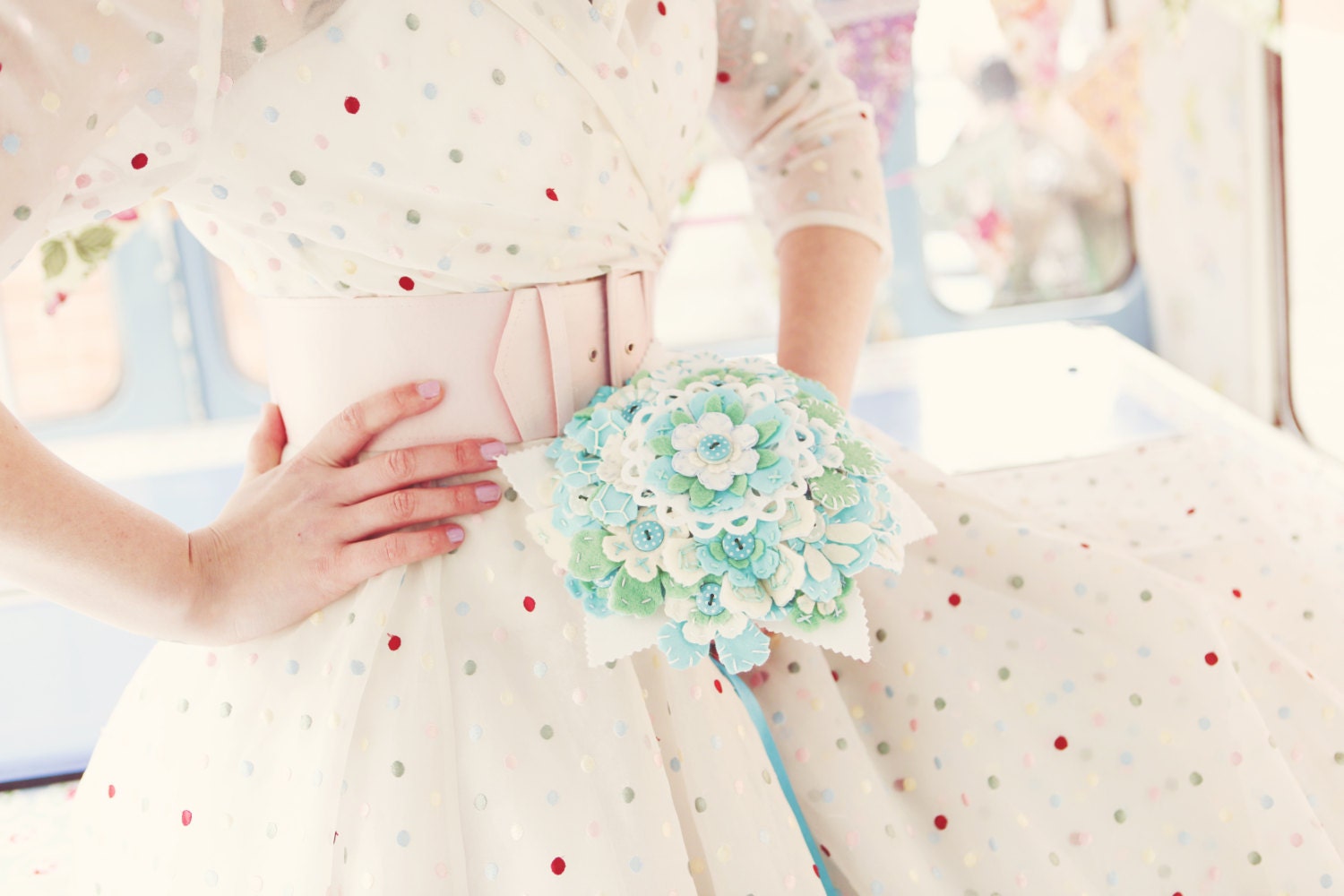 Felt flower and button bouquet  - Alternative bridal aqua turquoise green