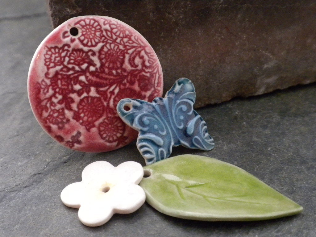Springtime Collection- handmade ceramic leaf butterfly flower beads and pendants set 2075